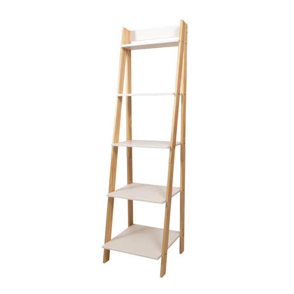 Jela-USA 62.2 in. Natural/White Wood 5-shelf Ladder Bookcase with Open Back