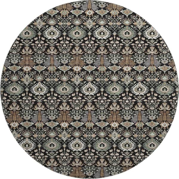 Mayfield Premium Machine Washable Abstract AMF2251 Black 8 ft. x 8 ft. Round Rug