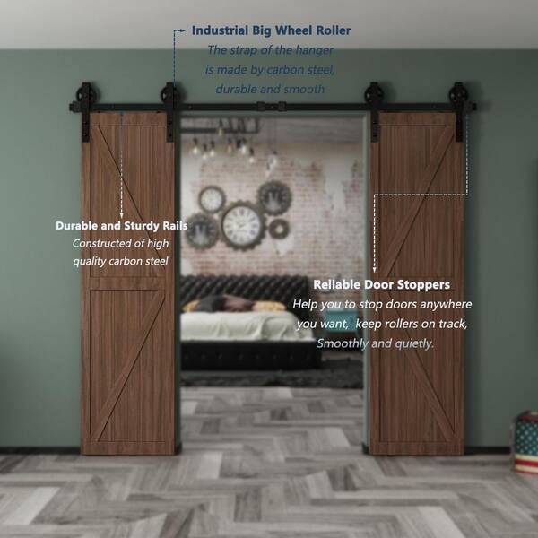 8 ft./96 in. Black Steel Sliding Barn Door Track and Hardware Kit for Double Doors with Floor GuideBigwheel J Shape)