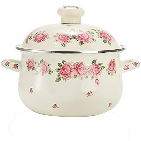 Vintage Floral Enamel Stock Pot [2.8 qt.] with Lid, Induction-Compatible, Non-Toxic Ceramic Coating