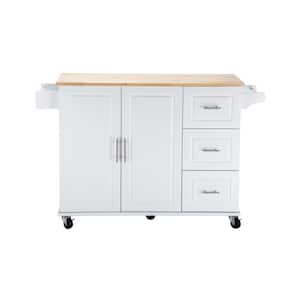 53.93 in. W x 17 in. D x 36.22 in. H White Mobile Kitchen Island Extensible Rubber Wood Top with Spice Towel Rack
