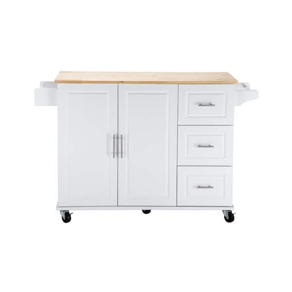 Unbranded 53.93 in. W x 17 in. D x 36.22 in. H White Mobile Kitchen Island Extensible Rubber Wood Top with Spice Towel Rack