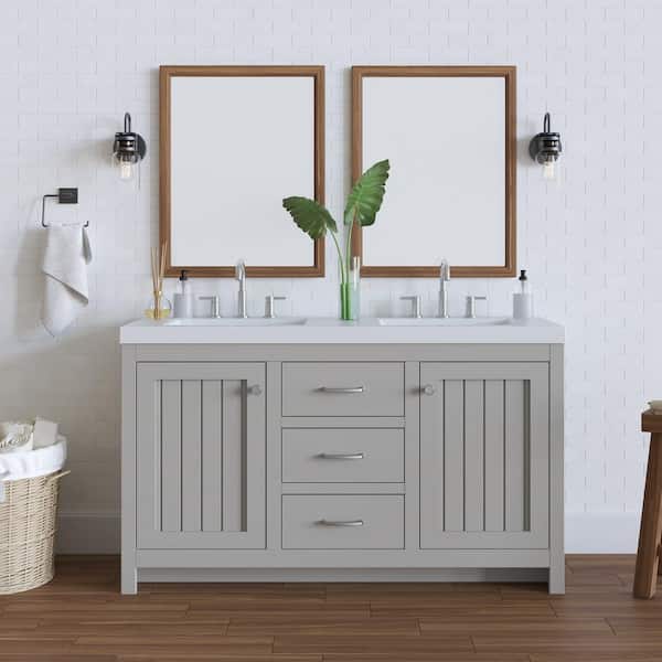 Home Decorators Collection Glint 61 in. W x 19 in. D x 36 in. H Double Sink Freestanding Bath Vanity in Light Gray with White Cultured Marble Top