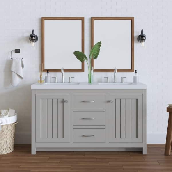 Home Decorators Collection Glint 61 in. Double Sink Light Gray Bath Vanity with White Cultured Marble Top (Assembled)