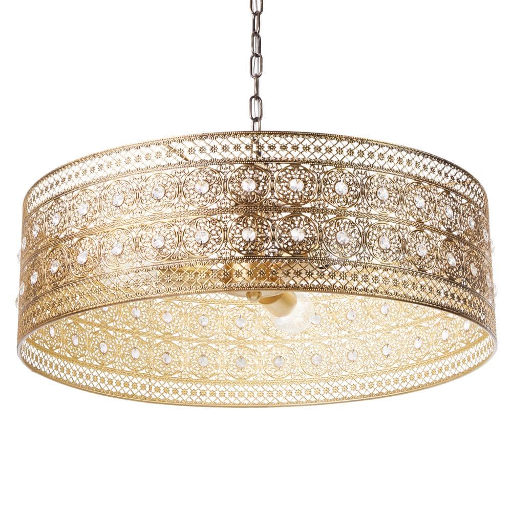 Elegant Brass and Crystal Drum Chandelier, 26" Glam Pendant Light