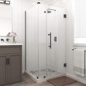Bromley 27.25 in. to 28.25 in. x 32.375 in. x 72 in. Frameless Corner Hinged Shower Enclosure in Matte Black