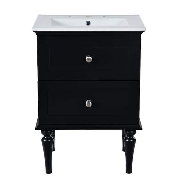 24.20 in. W x 18.30 in. D x 33.80 in. H Freestanding Bath Vanity in Black with White Ceramic Top