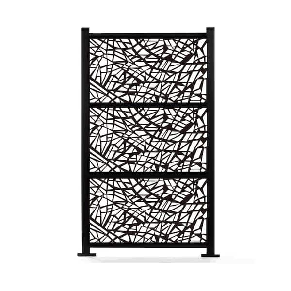 72 in. x 38 in. New Style Metal Art Laser Cut Metal Black Privacy Fence Screen, WideLine 2-Pole with 3-Panel Set