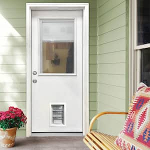 31-3/4 in. x 79 in. Reliant Series Clear 1/2-Lite Mini-Blind White Primed Fiberglass Front Door Slab w/ Medium Pet Door