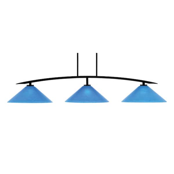 Unbranded Siena 3-Light Matte Black Billiard Light with 16 in. Blue Italian Glass Shades No Bulbs Included
