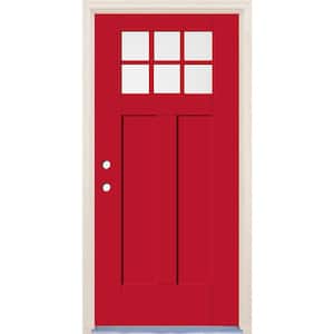 36 in. x 80 in. Right-Hand 6-Lite Ruby Red Painted Fiberglass Prehung Front Door with 6-9/16 in. Frame and Nickel Hinges