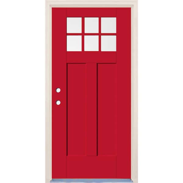 Builders Choice 36 in. x 80 in. Right-Hand 6-Lite Ruby Red Painted Fiberglass Prehung Front Door with 6-9/16 in. Frame and Nickel Hinges