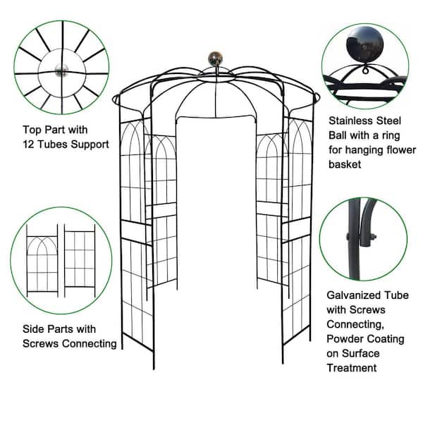 114.2 in. x 81.3 in. Metal Iron Garden Arch Birdcage Shape Pergola Pavilion Arbor for Outdoor Activity in Black