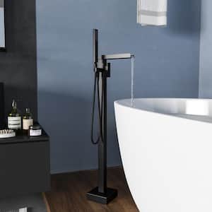 Single Handle Freestanding Waterfall Bathtub Faucet with Handheld Shower in Matte Black