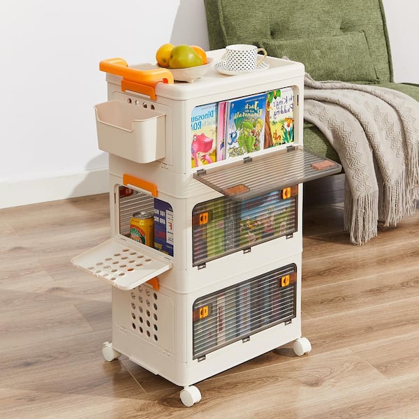 VECELO Beige Stackable Storage Bins with Lid and Door, 3-Tier