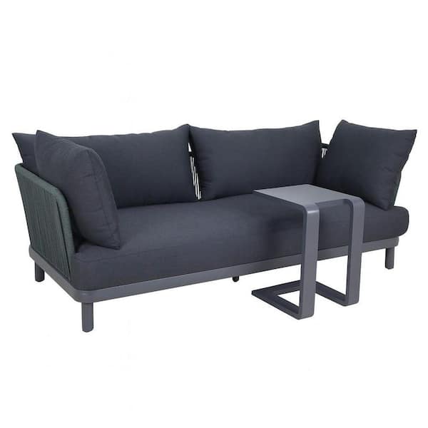 2-Piece Black Aluminum Outdoor Patio Conversation Couch & Side Table Set with Black Cushions, Weather Resistant, Seats 3