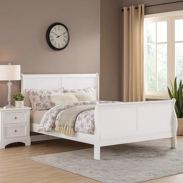 Modern White King Wood Frame Sleigh Bed with Panel Design