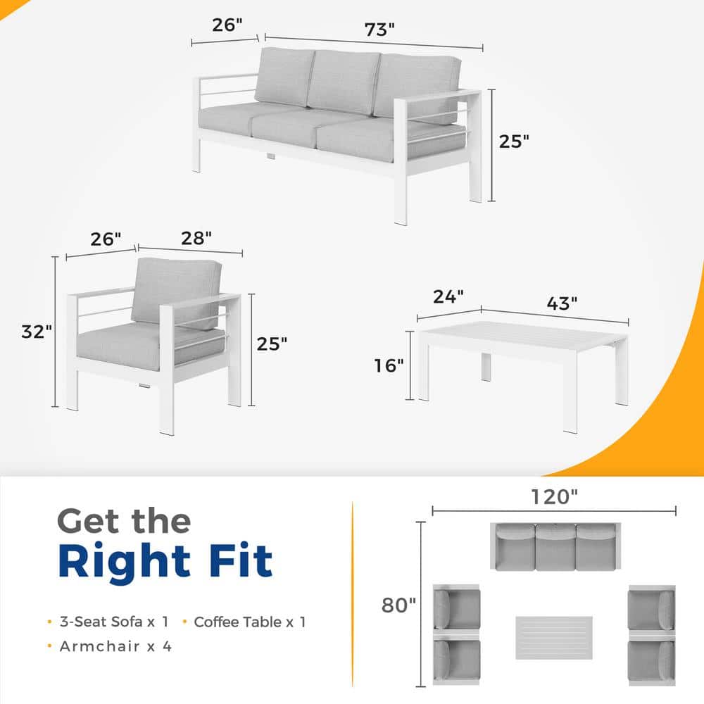 White Aluminum 6-Piece Patio Conversation Set with Light Gray Cushions