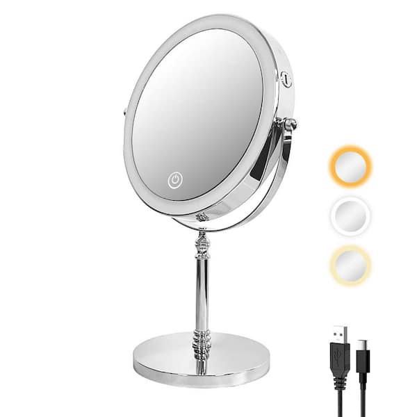 Unbranded 8 in. W x 8 in. H Round Tabletop 10X Magnifying Double Sided Bathroom Makeup Mirror 3-Colors Touch Dimmable LED