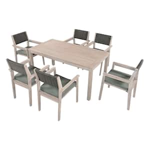 White Washed 7-Piece Wood Outdoor Dining Set with Grayish Green Cushion and Rattan Backrest