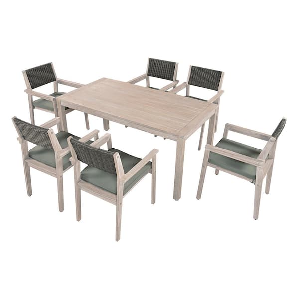 Boosicavelly White Washed 7-Piece Wood Outdoor Dining Set with Grayish Green Cushion and Rattan Backrest