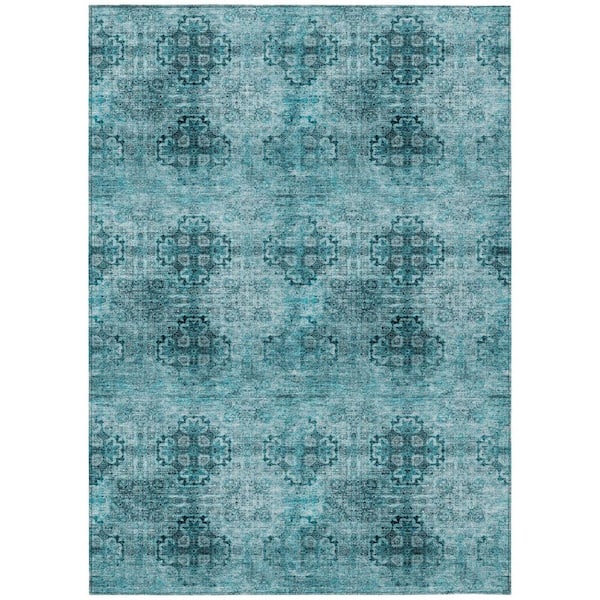 Teal Blue 9 ft. x 12 ft. Woven Floral;Medallion Polyester Rectangle Indoor / Outdoor Area Rug
