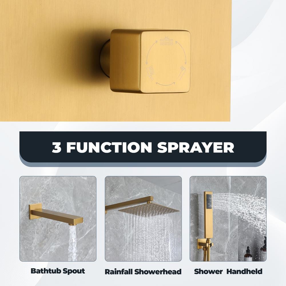 Brushed Gold 10 Inch Rain and Handheld Wall Mounted Shower System
