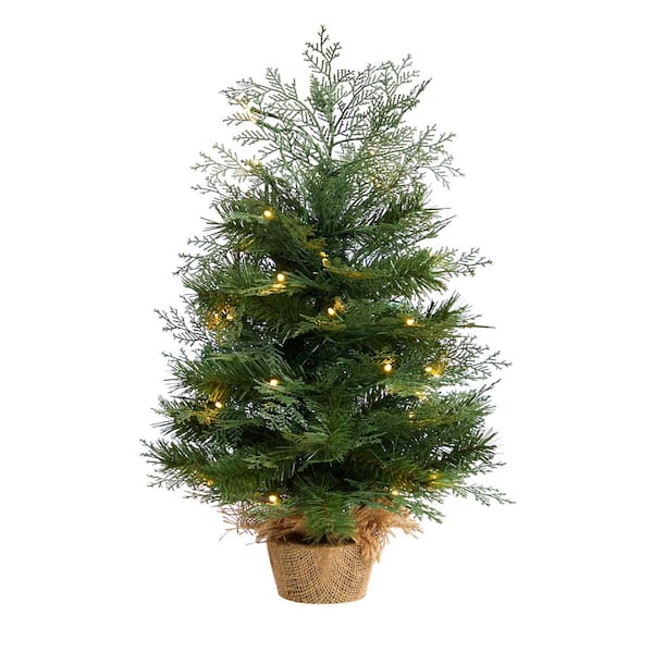 Nearly Natural 2 ft. Artificial Christmas Tree in Burlap Base with 35 Warm White LED Lights