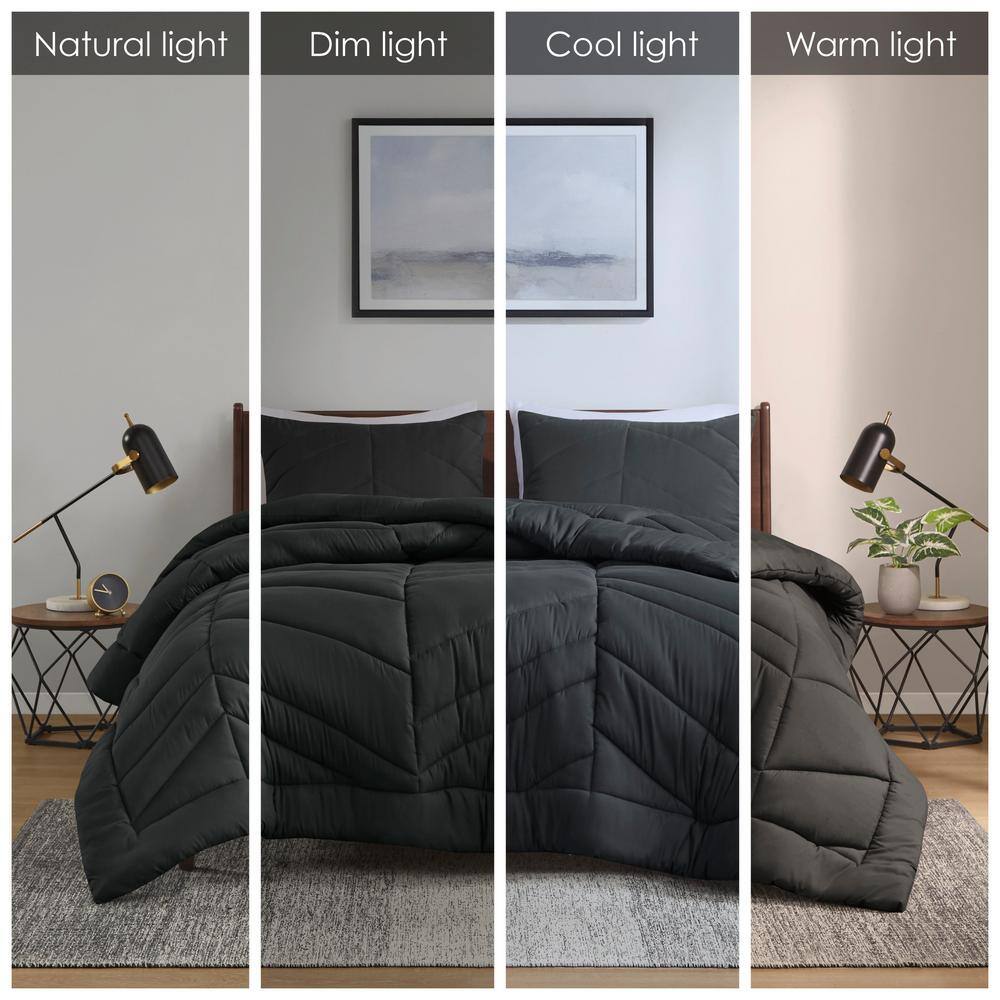 Full Black Microfiber Reversible Chevron Bedspread Set
