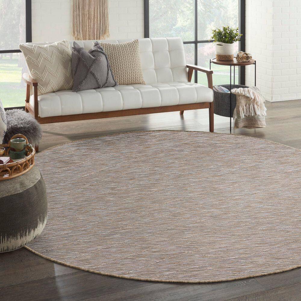 Grey Mocha Round Geometric Synthetic Washable Area Rug