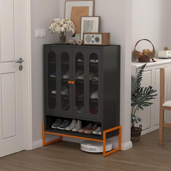 46.45 in. x 31.5 in. Black Metal Shoe Storage Cabinet with Mesh Doors, Adjustable Shelves and Moisture Protection