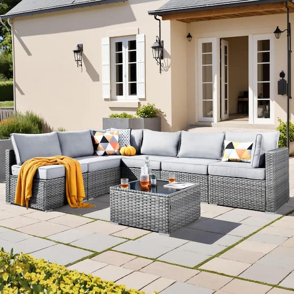 Daffodil D Gray 7-Piece Wicker Patio Conversation Sofa Set with Light Gray Cushions