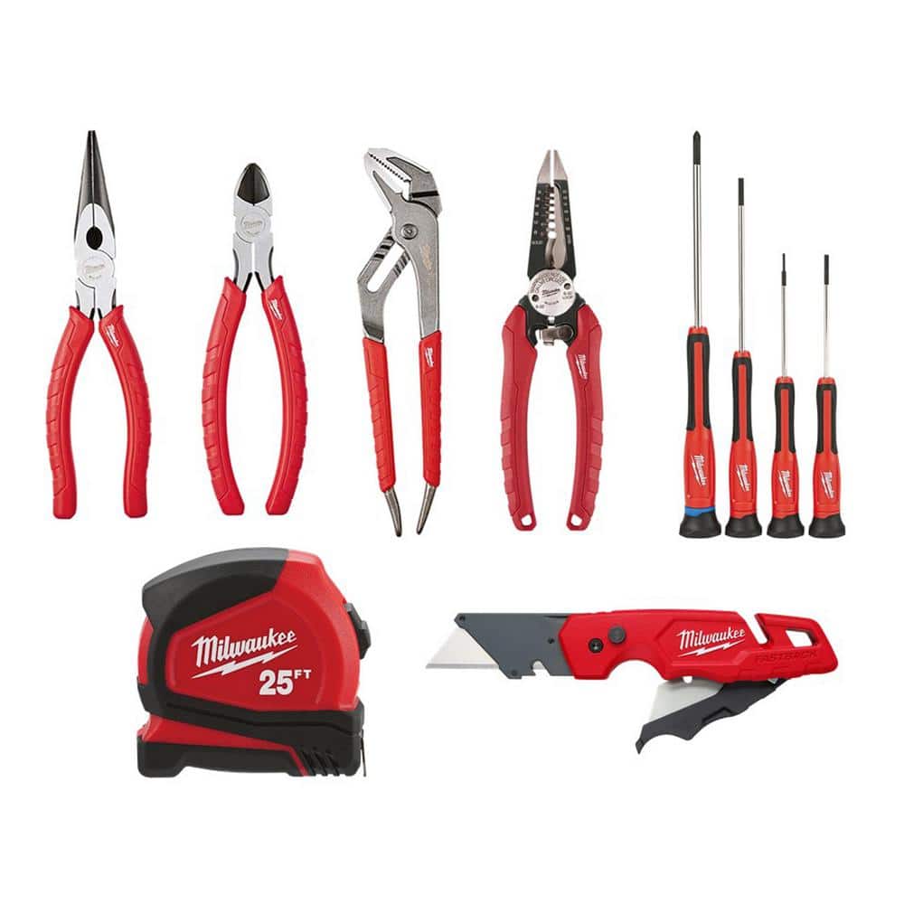 Milwaukee Pliers Kit with Screwdriver Set, 25 ft. Compact Tape Measure and  FASTBACK Folding Utility Knife (10-Piece) 48-22-6331-3079-2604-6625-1502  The Home Depot
