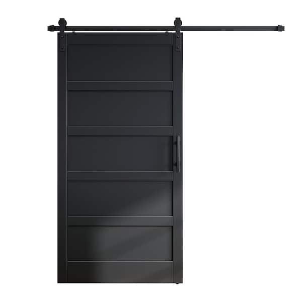 42 in. x 84 in. 5-Panel Black Finished MDF Wood Assembly Required Interior Sliding Barn Door with Hardware Kit