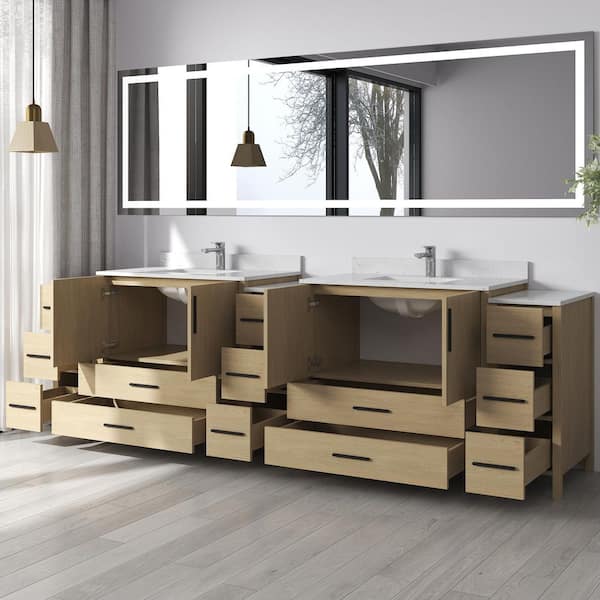 Nodus 108 in. W x 22 in. D x 34 in. H Double Sink Freestanding Bath Vanity in Oak with White Carrara Cultured Marble Top
