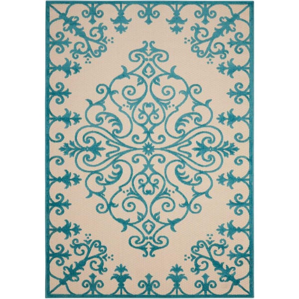 Nourison Aloha Aqua 4 ft. x 6 ft. Medallion Modern Indoor/Outdoor Patio Area Rug