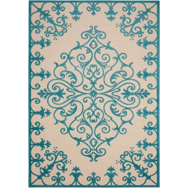 Aloha Aqua 8 ft. x 11 ft. Medallion Modern Indoor/Outdoor Patio Area Rug