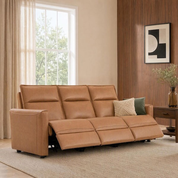 Logan 86.6 in. Square Arm Genuine Leather Rectangle Recliner Sofa in Butternut/3S-3PW with Wall Hugger Design