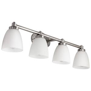 34 in. 4 Light Bar Brushed Nickel Bathroom Vanity Light Fixture with Bell Shaped Frosted Glass Shade