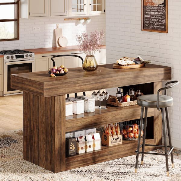 BYBLIGHT Brown Wood 55 in. Kitchen Island with Storage, Farmhouse 3-Tier Stationary Island Table