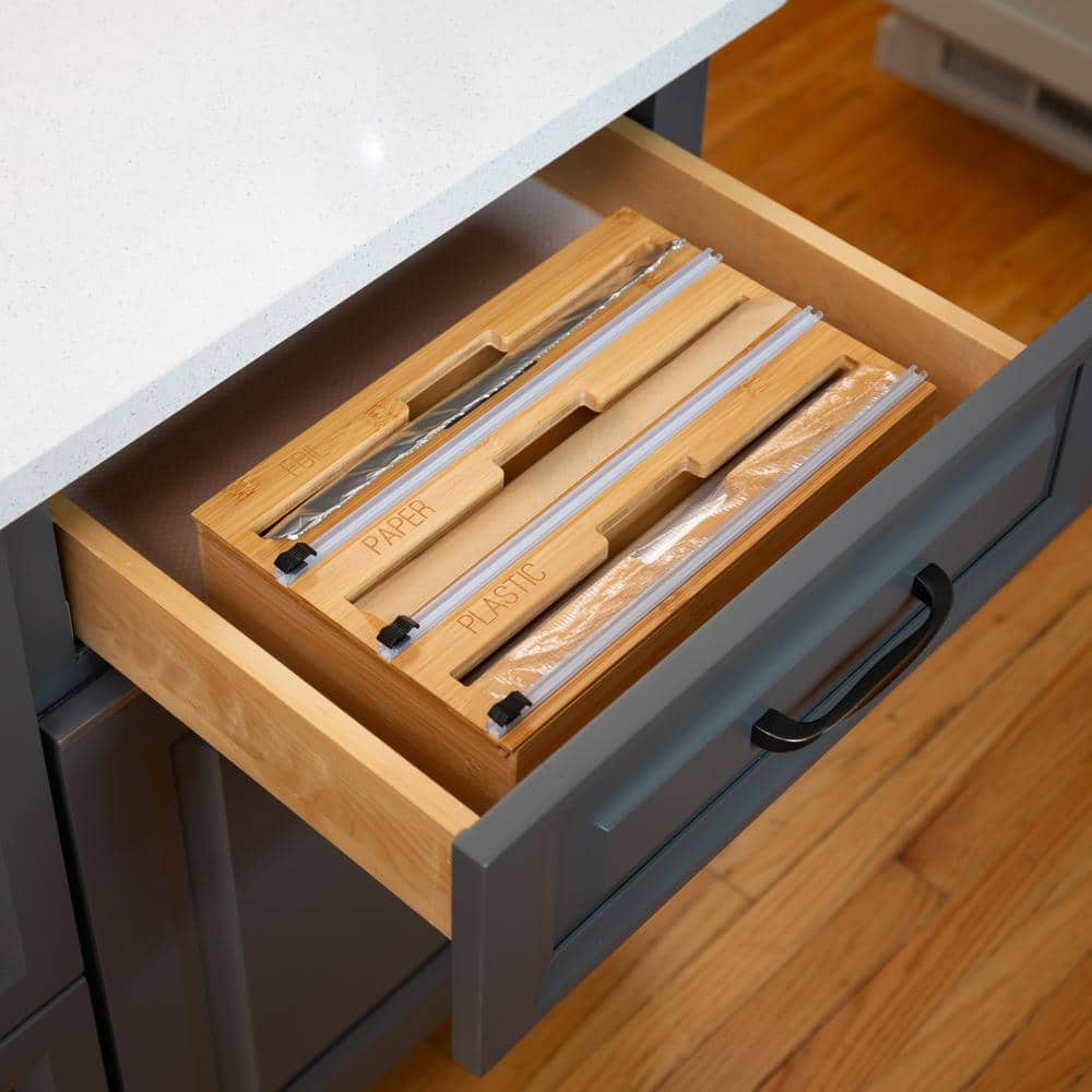HoneyCanDo 3 in. 1Bamboo Foil and Plastic Wrap Organizer with Safety