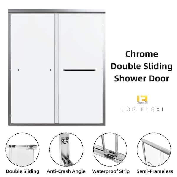 56 in.-60 in. W x 72 in. H Semi-Frameless Double Sliding Shower Door in Chrome with 1/4 in. Tempered Clear Glass