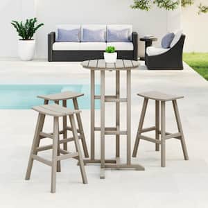 Laguna 4-Piece HDPE Weather Resistant Outdoor Patio Bar Height Bistro Set with Saddle Seat Barstools, Weathered Wood
