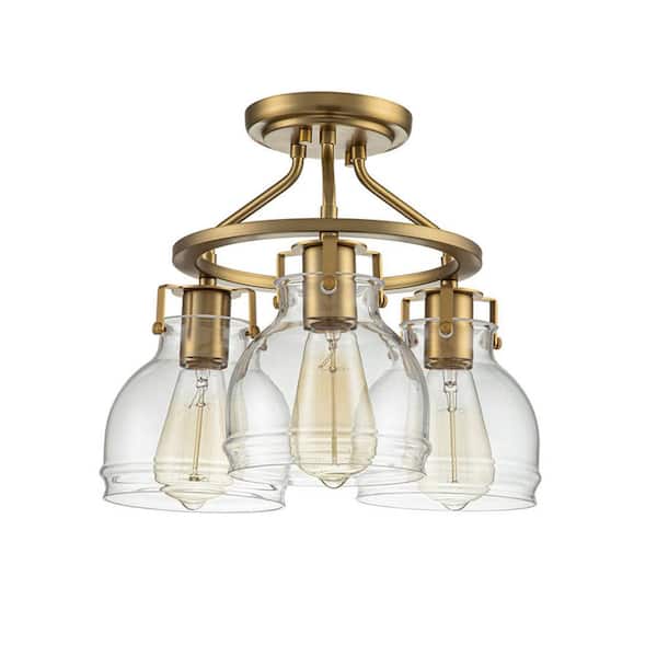 EDISLIVE Jacob 12.4 in.3-Light Gold Semi Flush Mount with Clear Glass