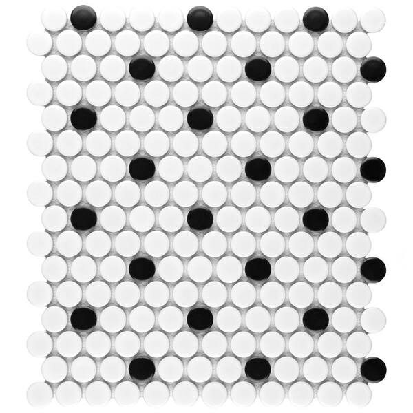 Merola Tile Metro Penny Matte White w/ Black Dot 9-3/4 in. x 11-1/2 in. x 5 mm Porcelain Mosaic Tile (15.94 sq. ft. /Case)