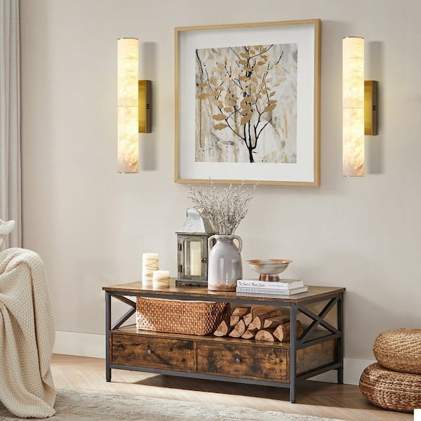 20 in. 2-Light Dimmable Gold LED Alabaster Wall Sconce, Spanish Natural Marble Wall Light for Bedroom, Stairs (1-Piece)