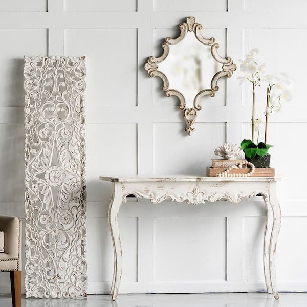 Blisstyle Antique White 23.4 in. W x 29.9 in. H Mid Century Irregular Wood Framed Mirror Wall Mirror Wall Decor Mirror