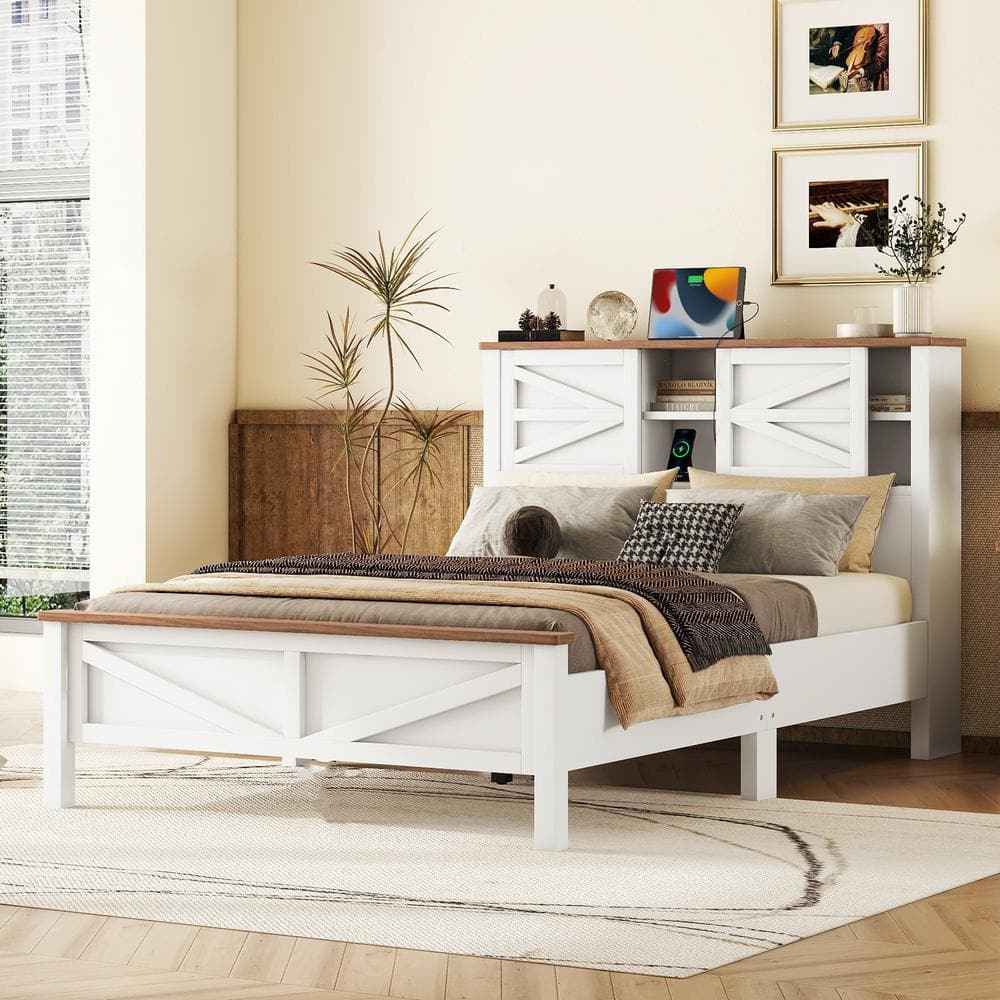 4 Pieces Bedroom Sets Full Size Farmhouse Platform Bed With Wooden Strip Decoration, 2 Storage Nightstands And A 6-Drawer Dresser With Metal Handle