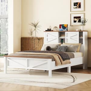White and Brown Wood Frame Full Size Platform Bed with Double Sliding Barn Door and Charging Station