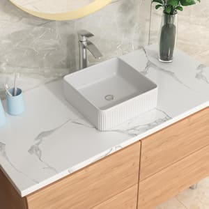 15.6 in. Square Ceramic White Bathroom Vessel Sink Vertical Stripe Art Basin